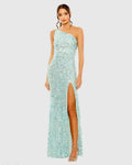 Blue Sequined One Shoulder Gown With Slit