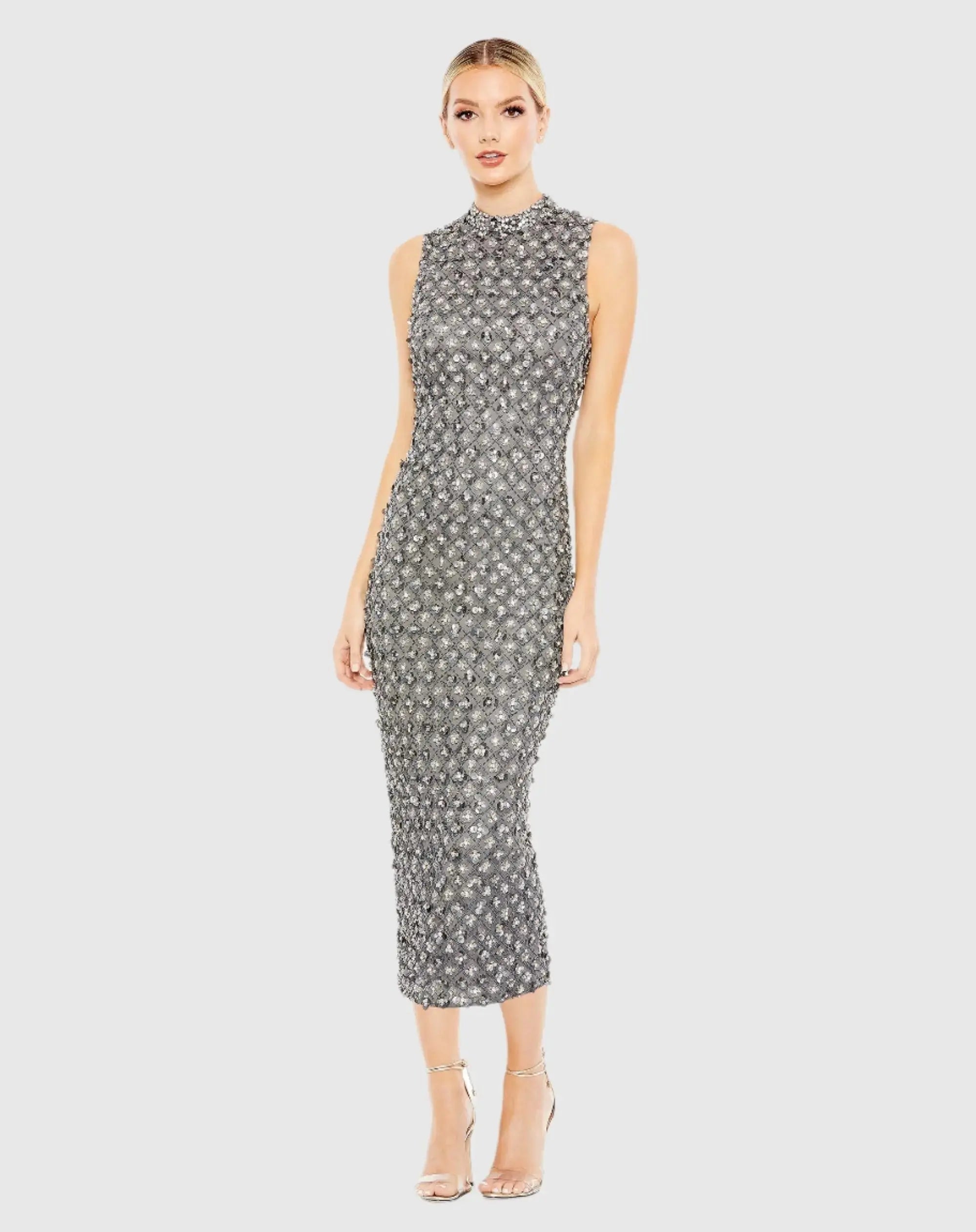 Gray Embellished High Neck Sleeveless Sheath Dress