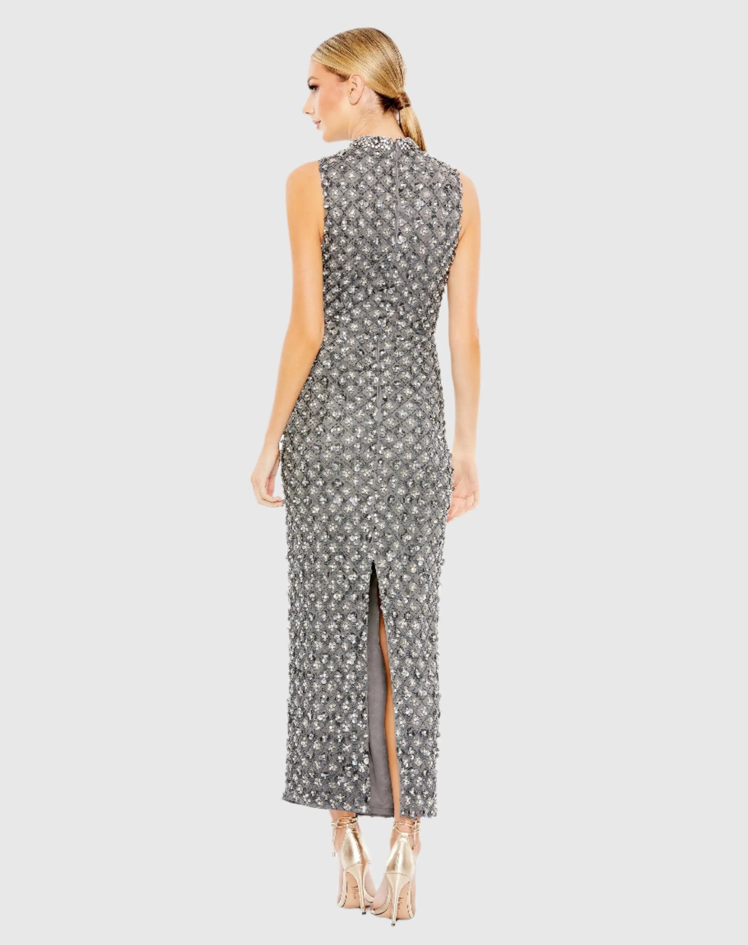 Gray Embellished High Neck Sleeveless Sheath Dress