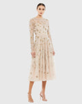 Beige Beaded Illusion High Neck Long Sleeve A Line Dress