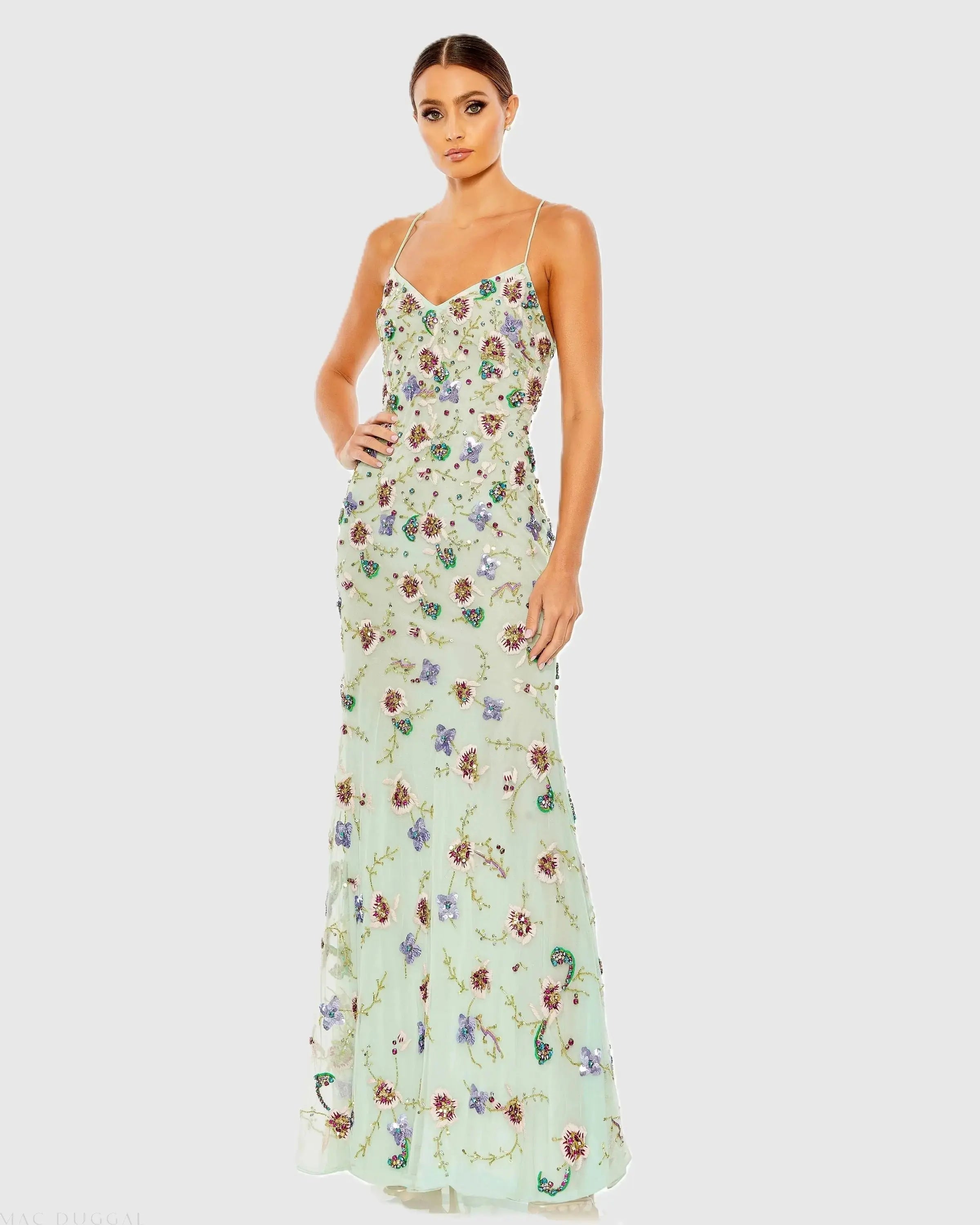 Embellished Spaghetti Strap Lace Up Gown