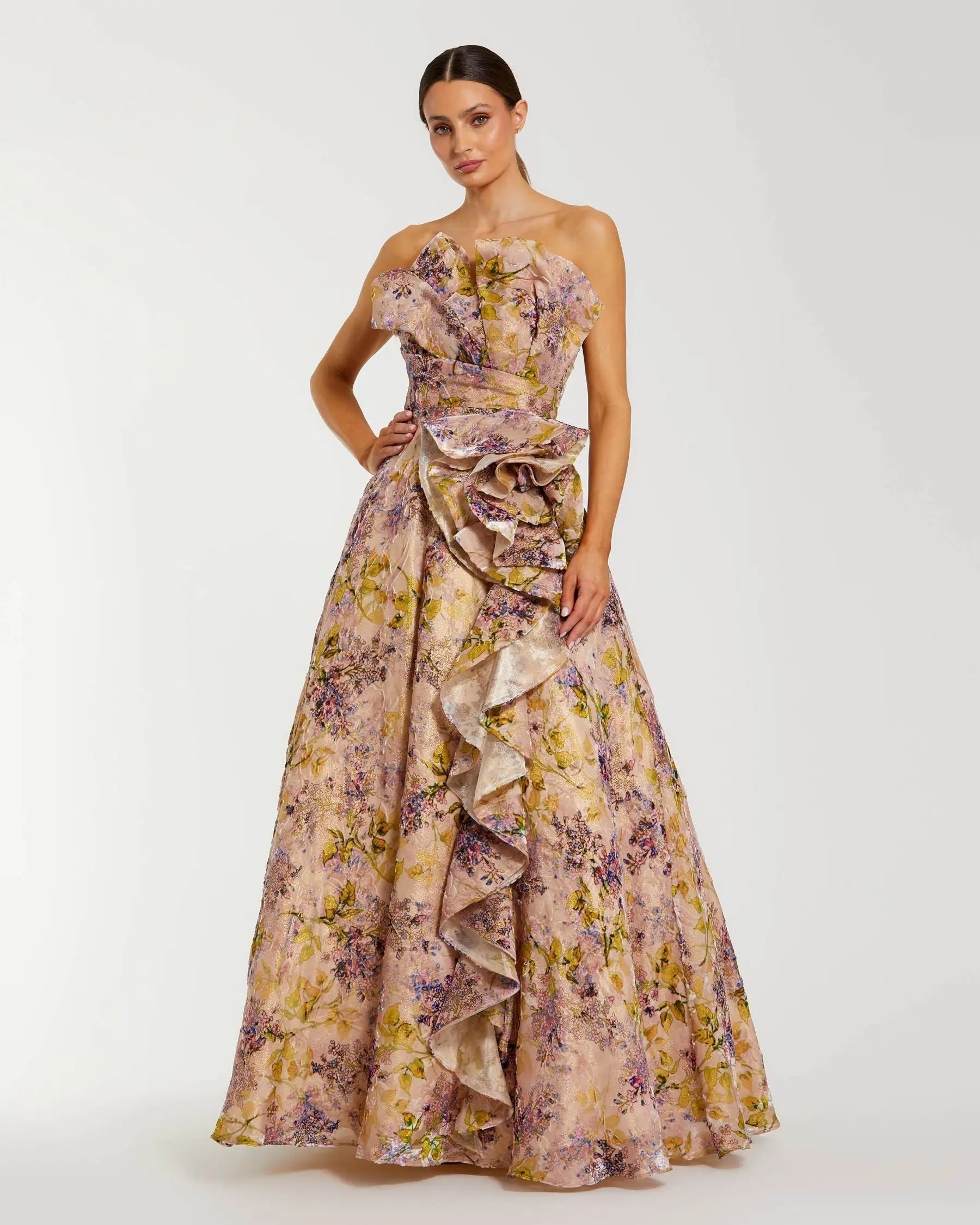 Strapless Pink Velvet Floral Ball Gown with 3D Rosette