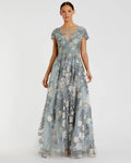 Floral Embroidered Cap Sleeve Evening Gown
