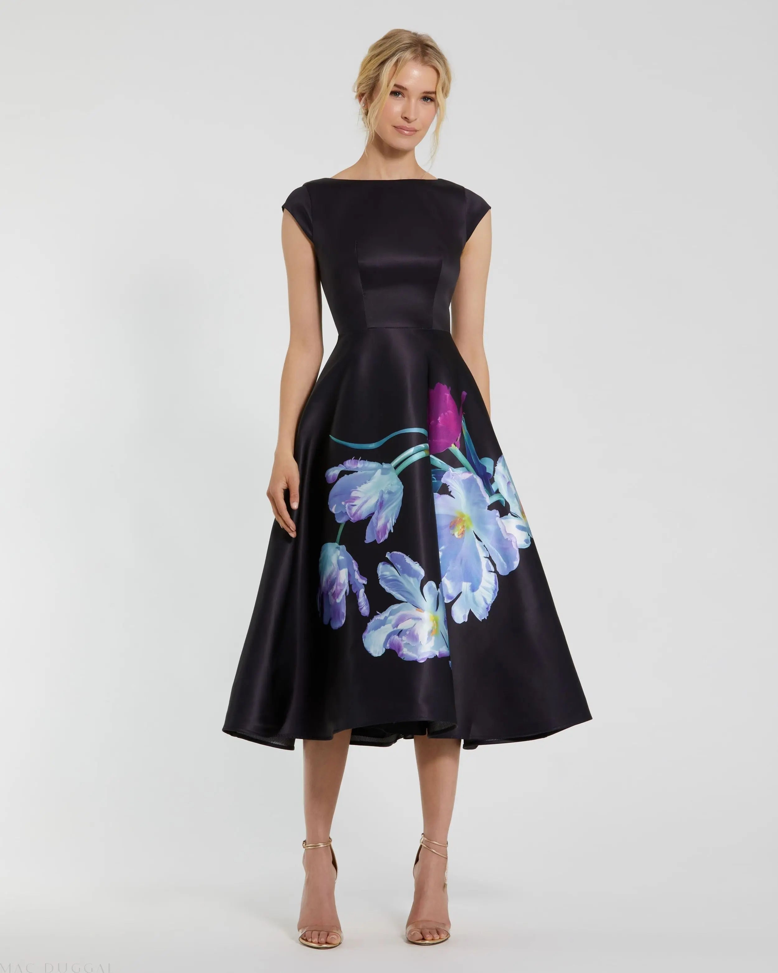 Black Satin Cap Sleeve Midi Dress With Floral Print