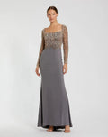 Gray Beaded Square Neck Long Sleeve Jersey Gown