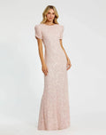 Pink Gathered Short Sleeve Beaded Gown