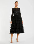 Black Long Sleeve Ruffle Tiered Midi Dress