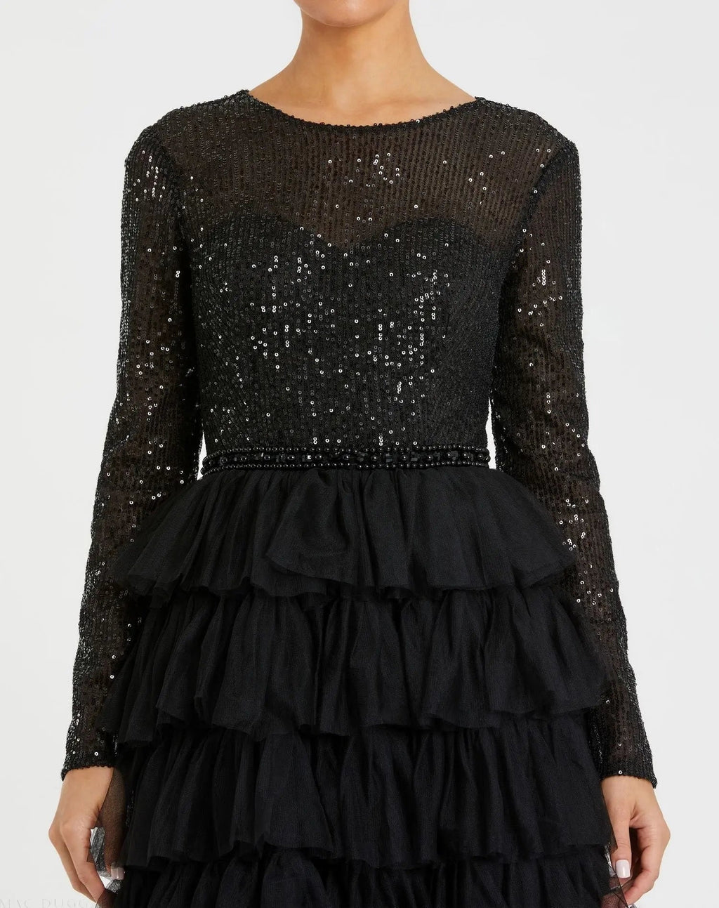 Black Long Sleeve Ruffle Tiered Midi Dress