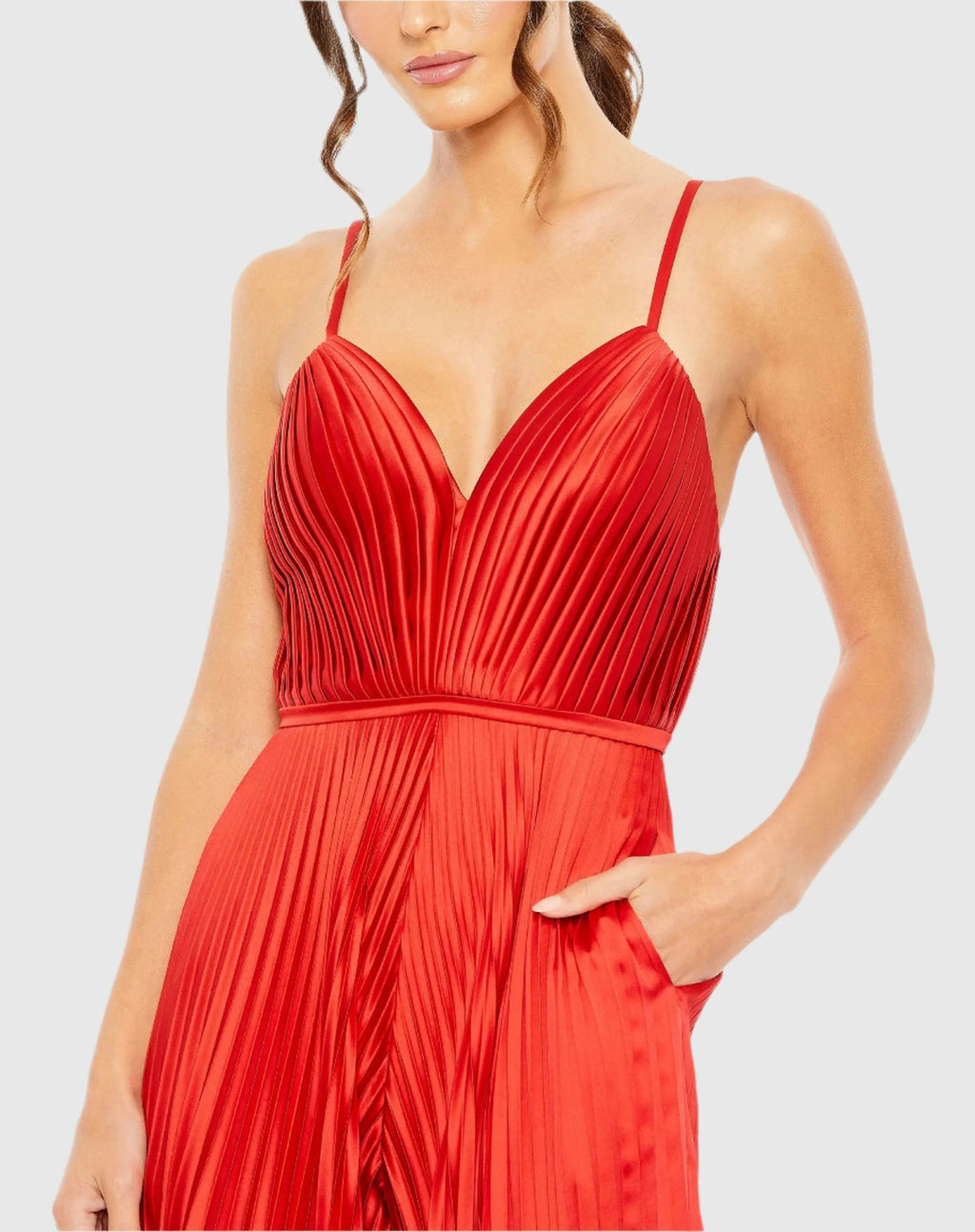 Red Pleated Plunge Neck Wide Leg Jumpsuit