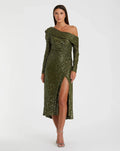 Green One Shoulder Sequin Long Sleeve Midi Dress