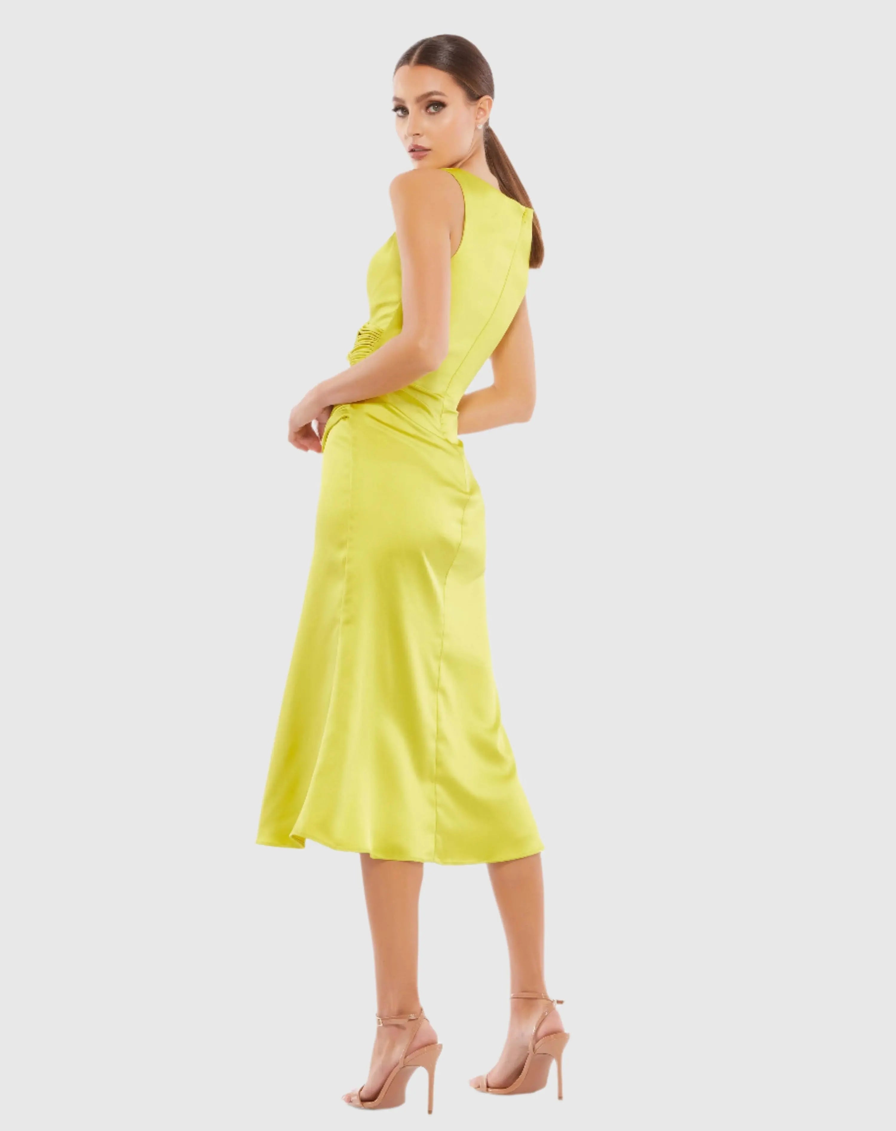 Green Satin Ruched V-Neck Faux Wrap Midi Dress
