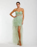 Green Strapless Corset Gown with Spiral Ruffles