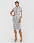 White Fitted Boucle  Short Sleeve Button Up Midi Dress
