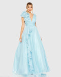 Light Blue Ruffle Shoulder V-Neck Chiffon Gown