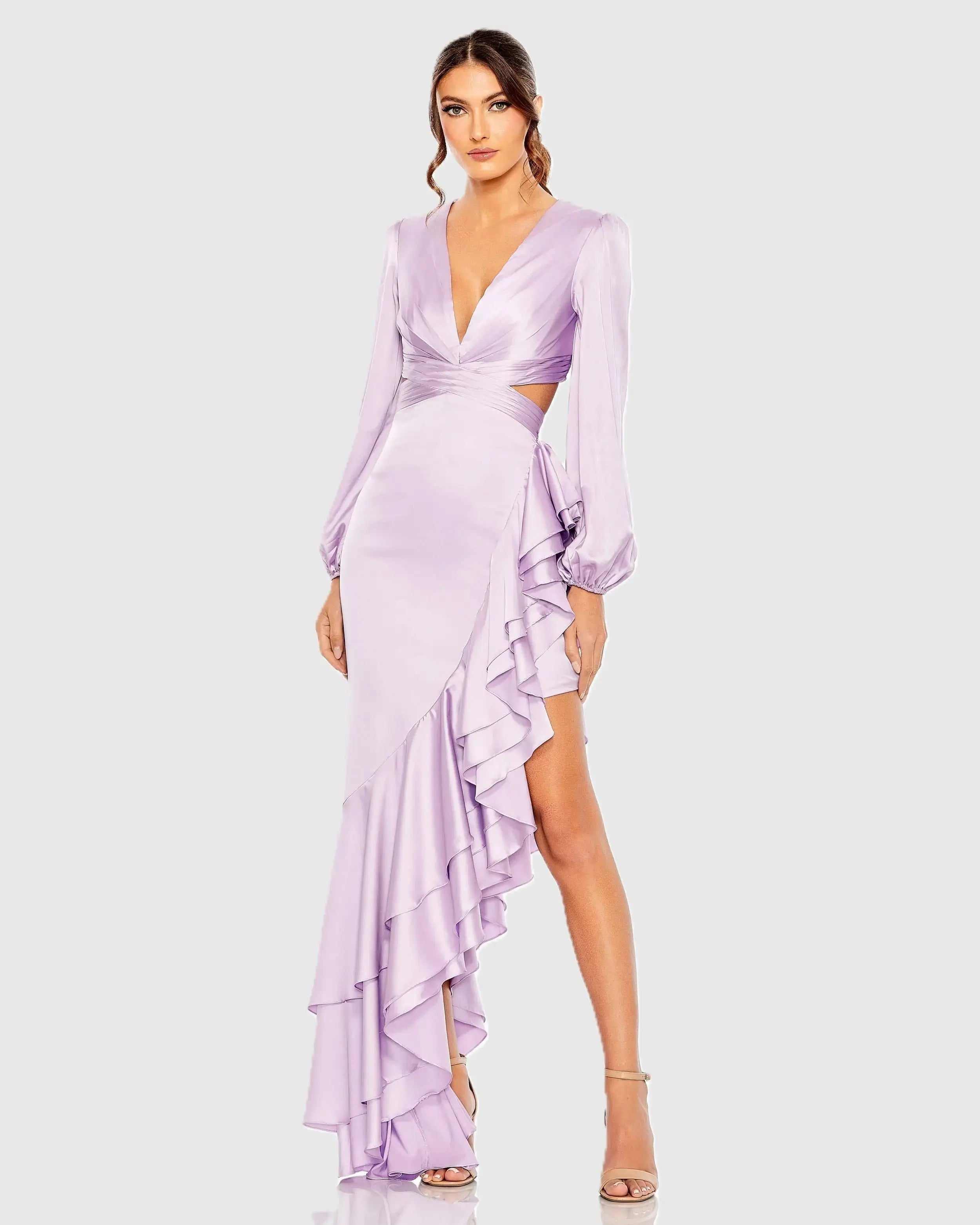 Cut Out Asymmetrical Ruffled Gown