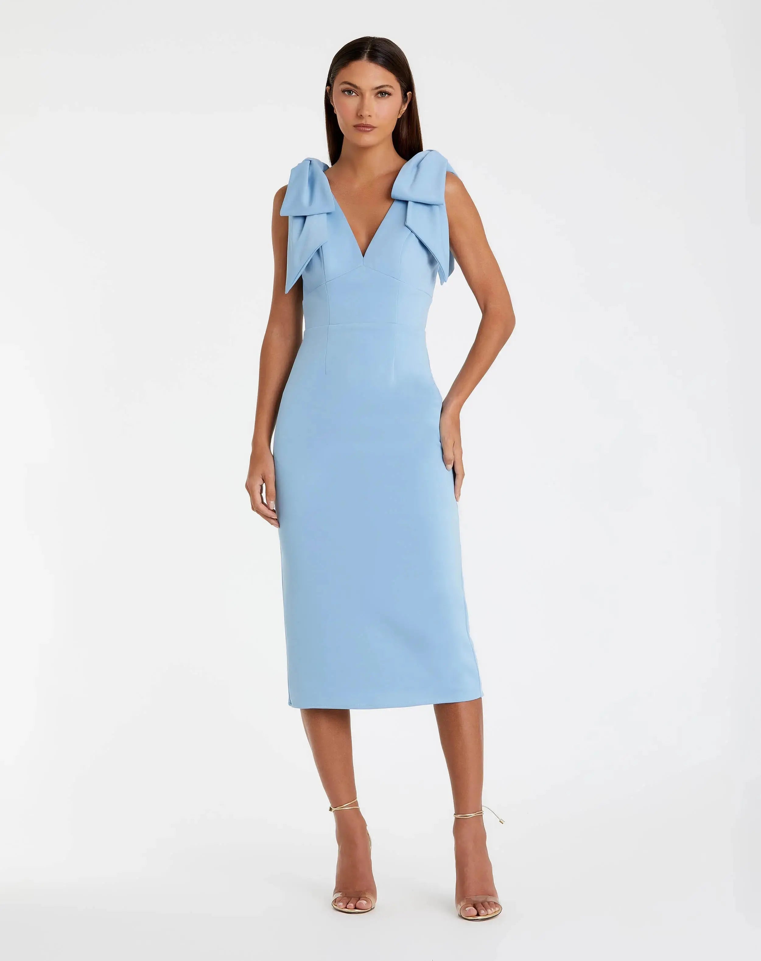 Bow Strap Crepe Fitted Midi Dress