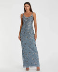 Blue Floral Embellished Scoop Neck Evening Gown