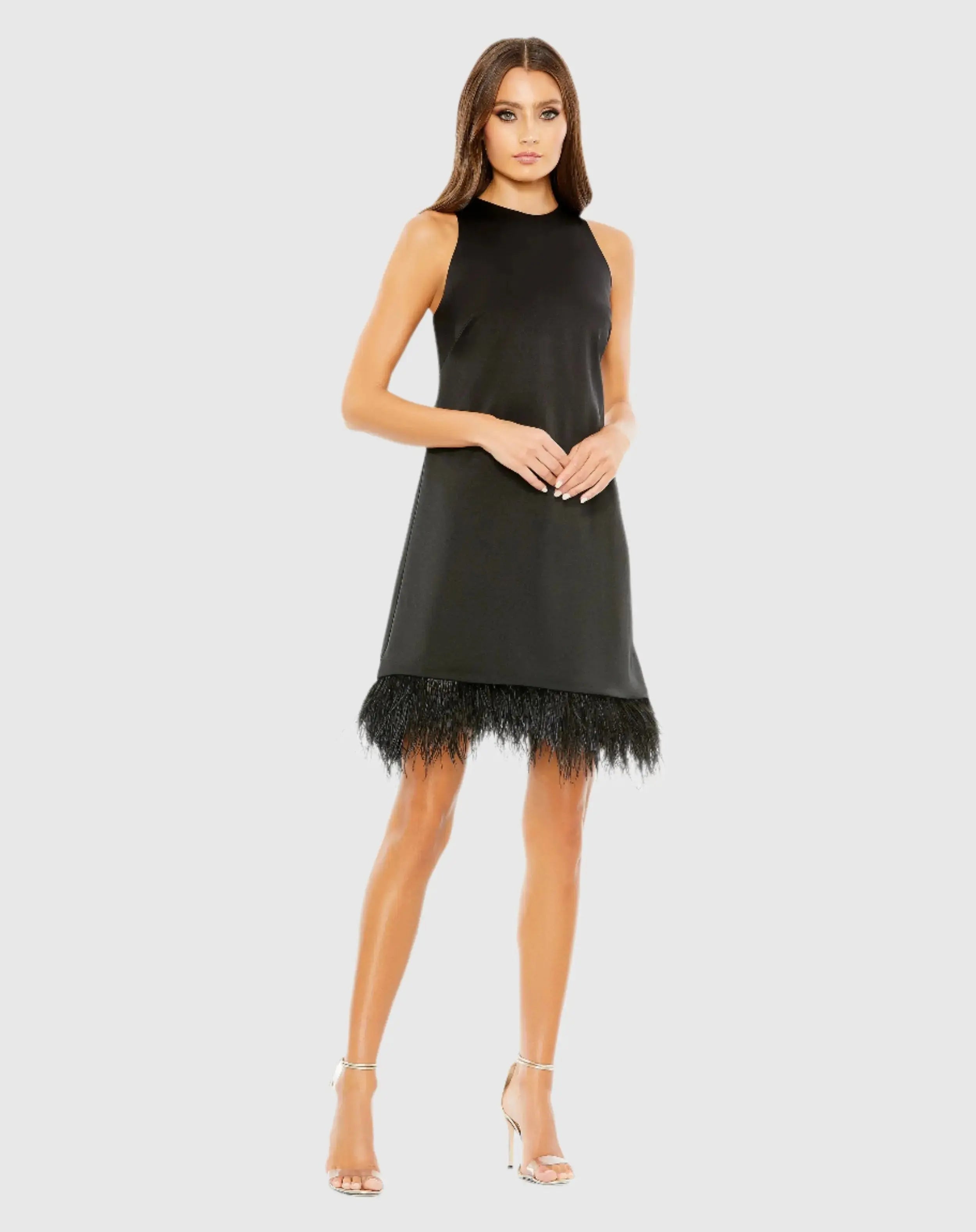 Black Feathered Hem High Neck Sleeveless Trapeze Dress