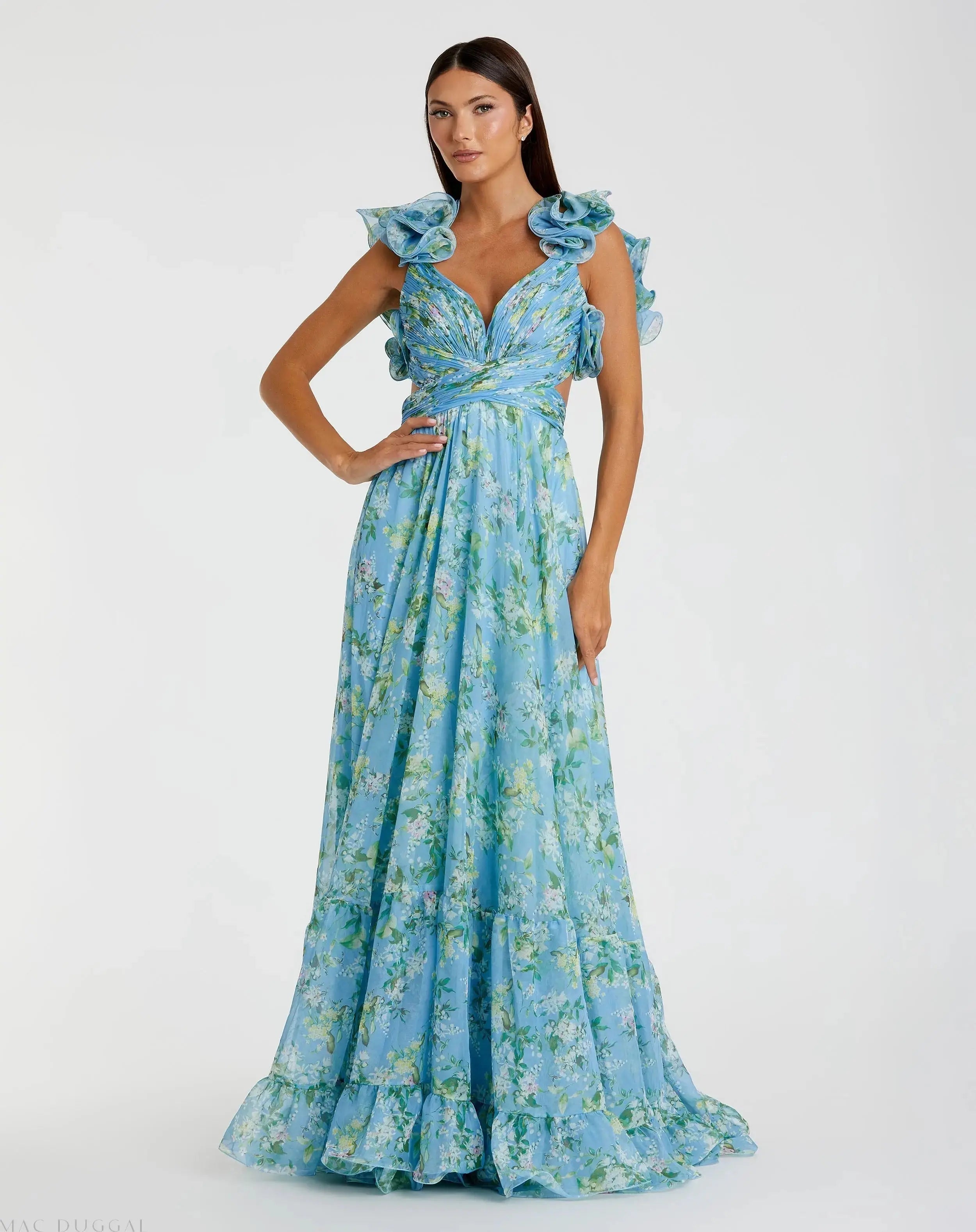 Blue Ruffle Tiered Floral Cut-Out Chiffon Gown