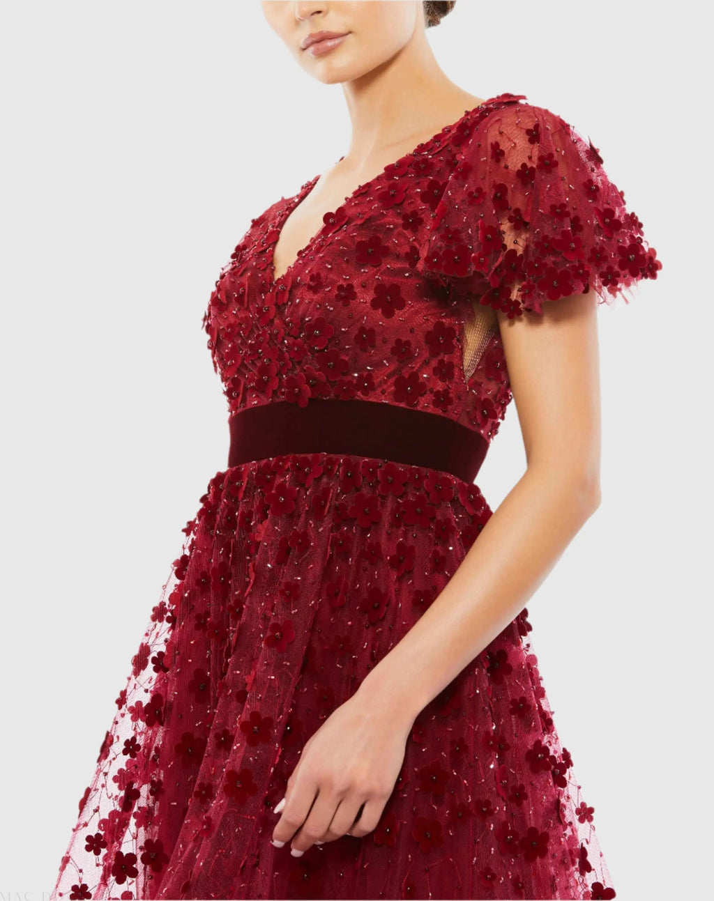 Red Embellished Butterfly Sleeve Velvet Hem Midi Dress