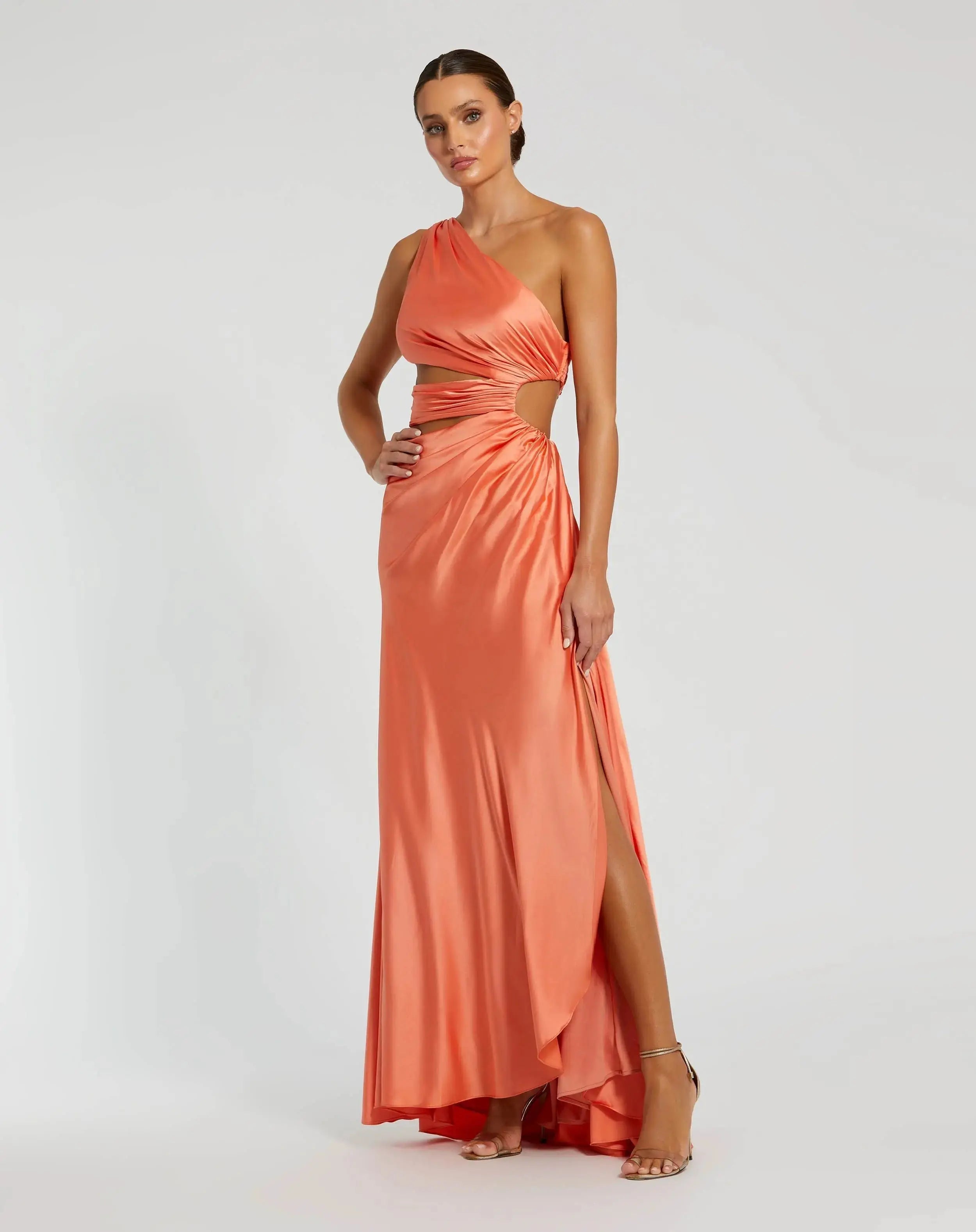 Orange Cut Out One Shoulder Satin Gown