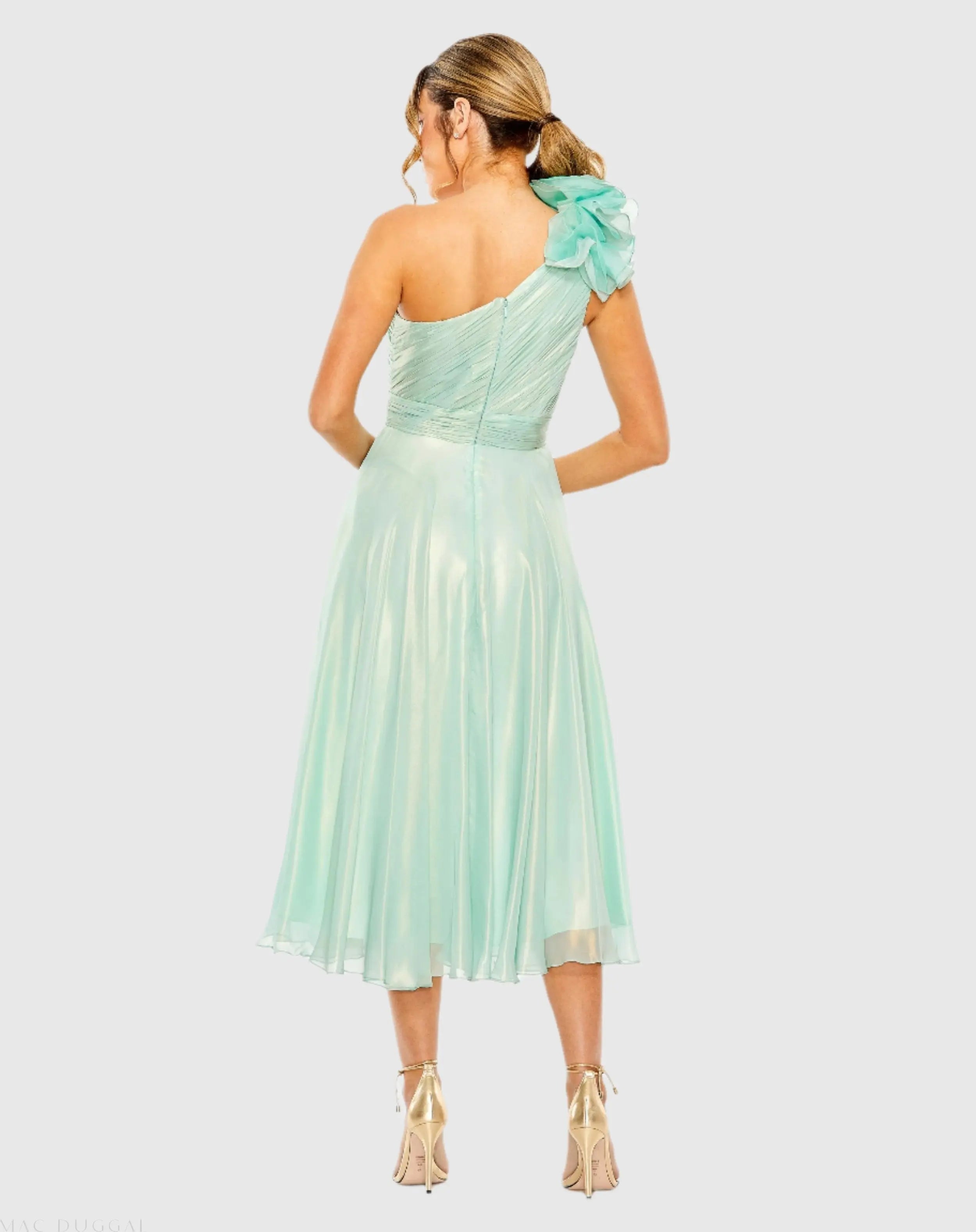 Green Rosette One Shoulder Tea Length Dress
