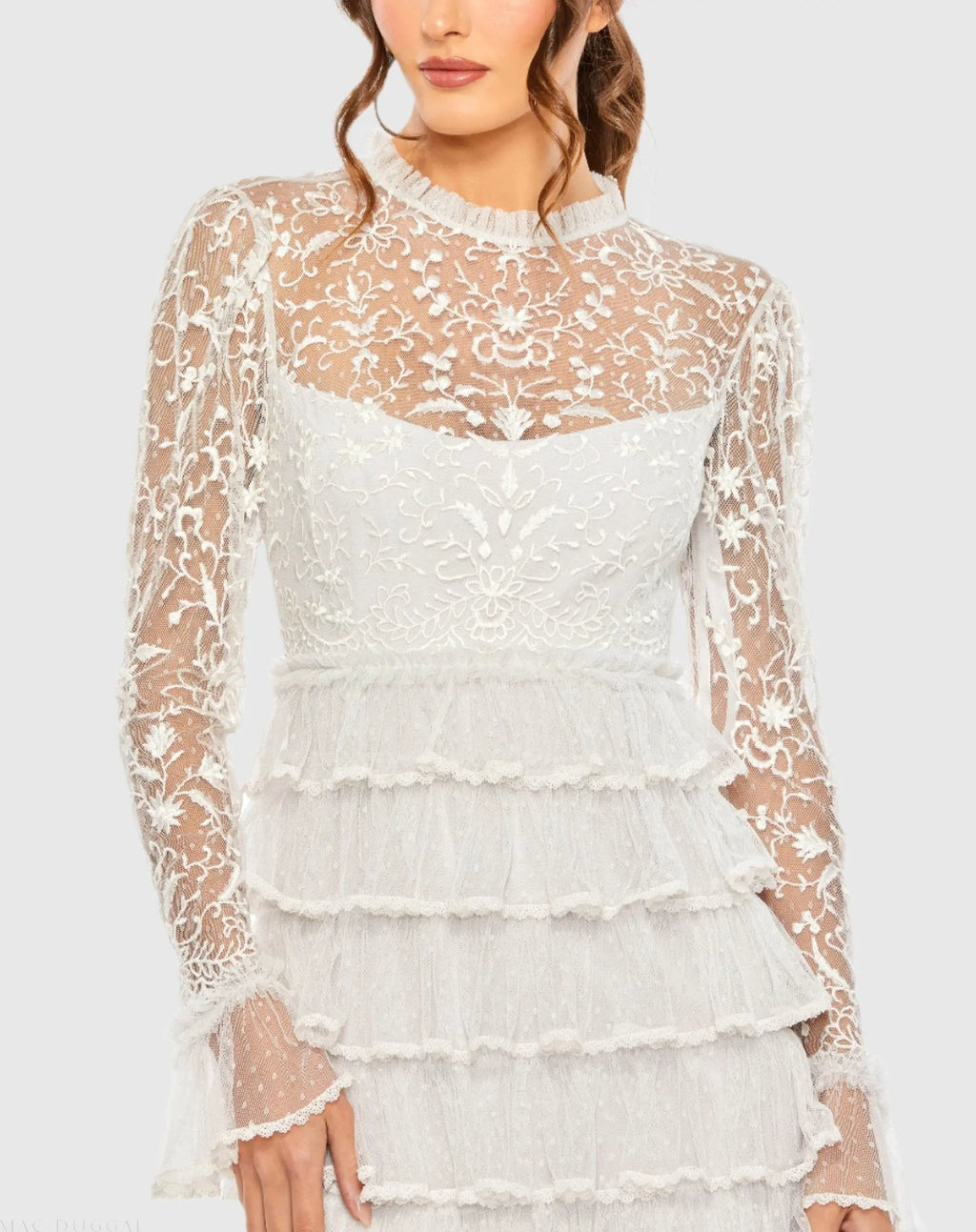 White Embroidered Long Sleeve Ruffled Tiered Dress