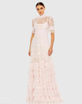 Embroidered Floral Tiered Smock Neck Gown