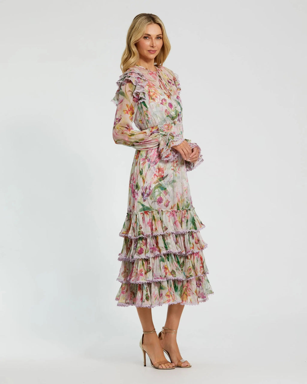 Multicolor Long Sleeve Ruffle Detail Floral Shift Dress