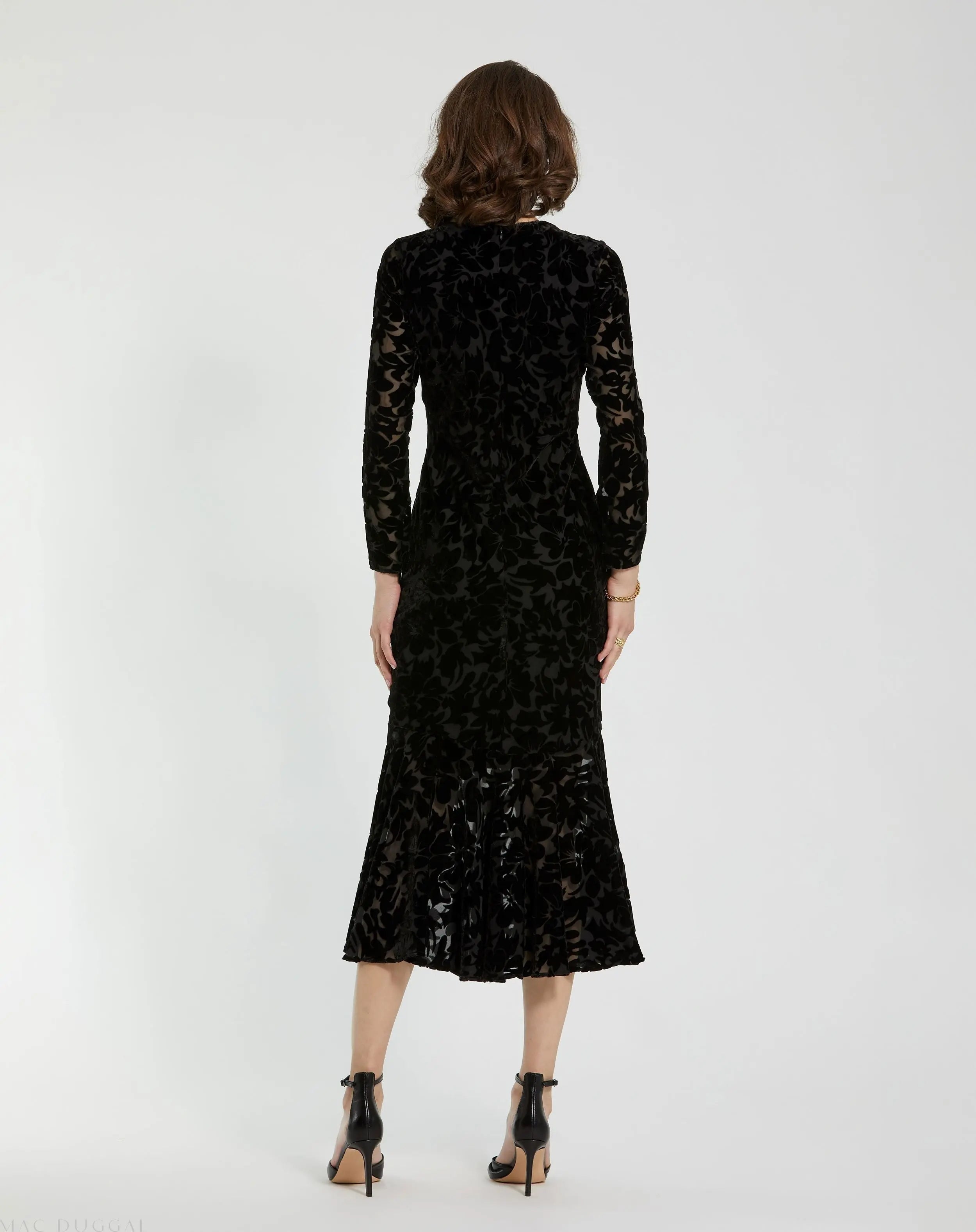 Black Burnout Velvet Long Sleeve Ruffle Hem Midi Dress