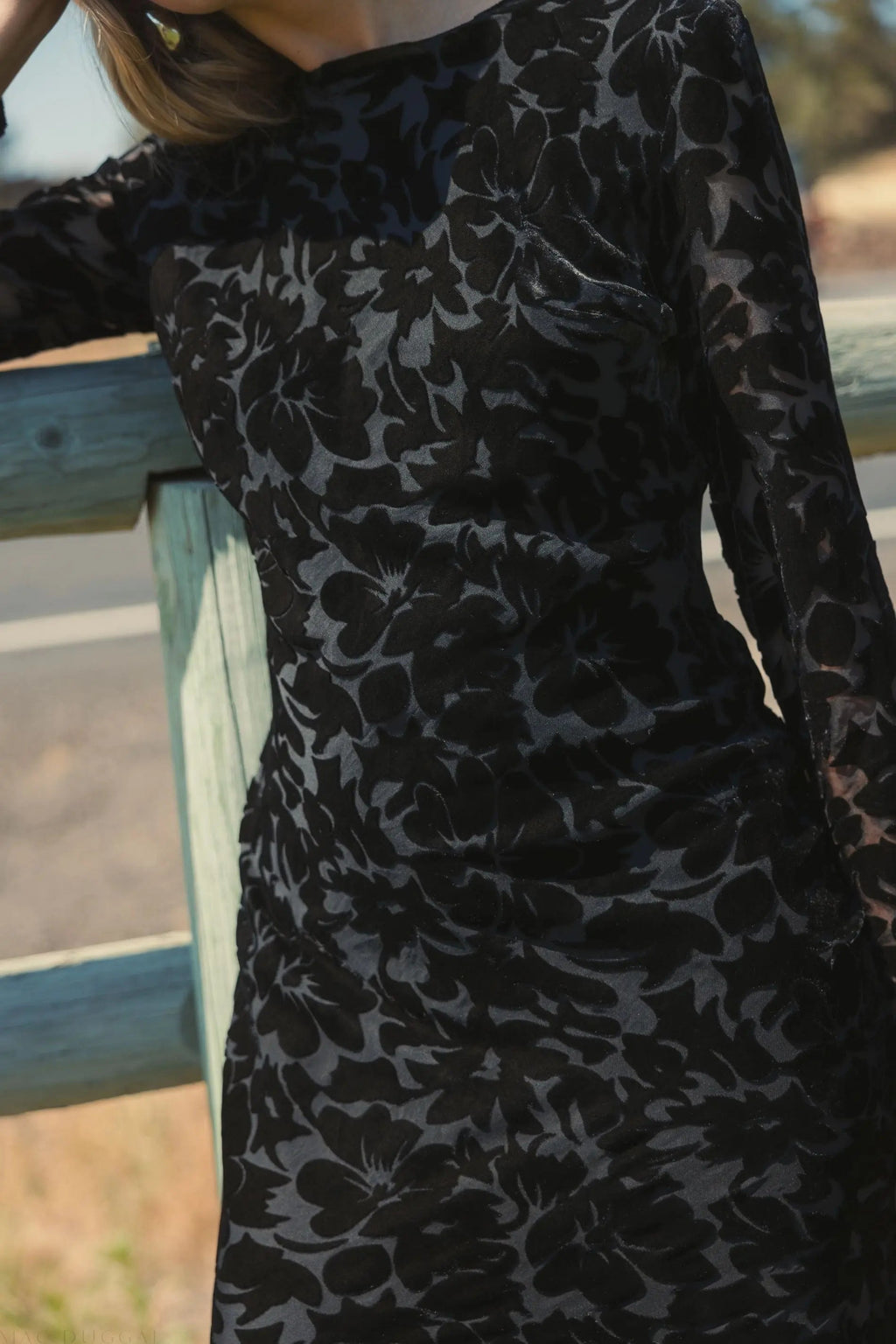Black Burnout Velvet Long Sleeve Ruffle Hem Midi Dress