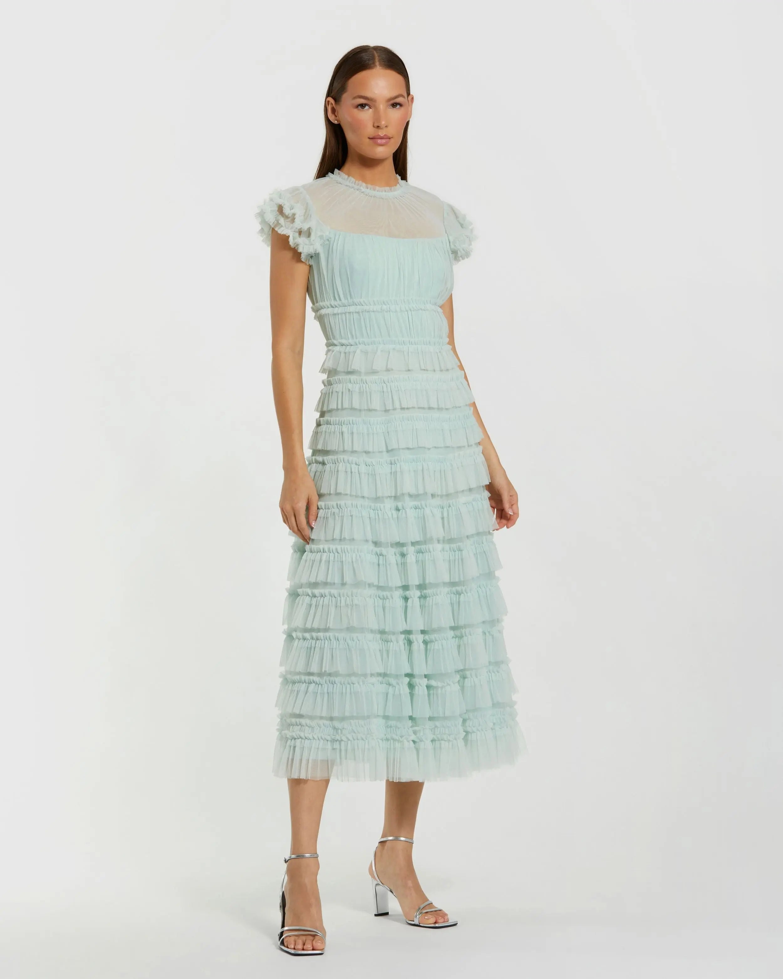 Green Ruffle High Neck Cap Sleeve Midi Dress