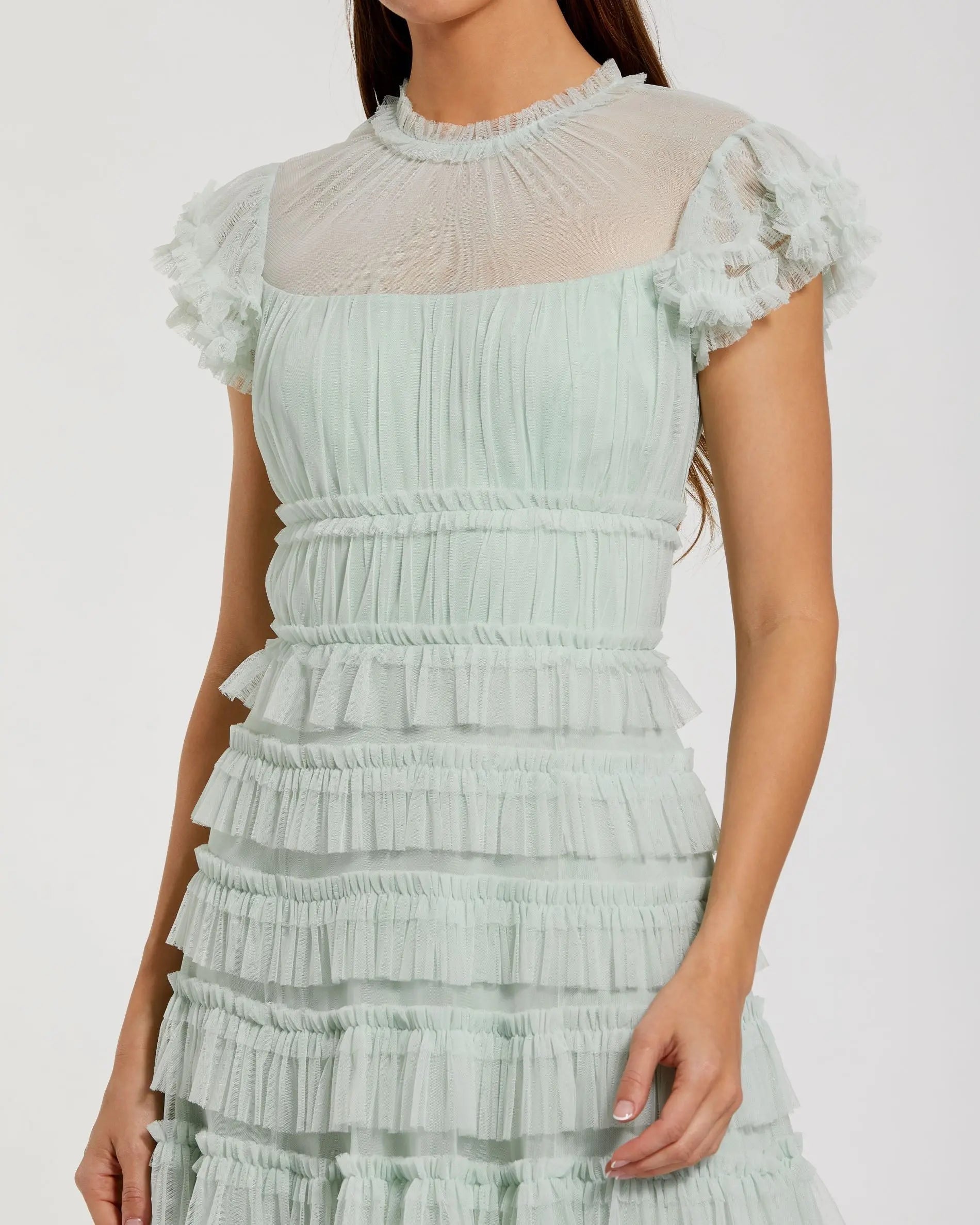 Green Ruffle High Neck Cap Sleeve Midi Dress