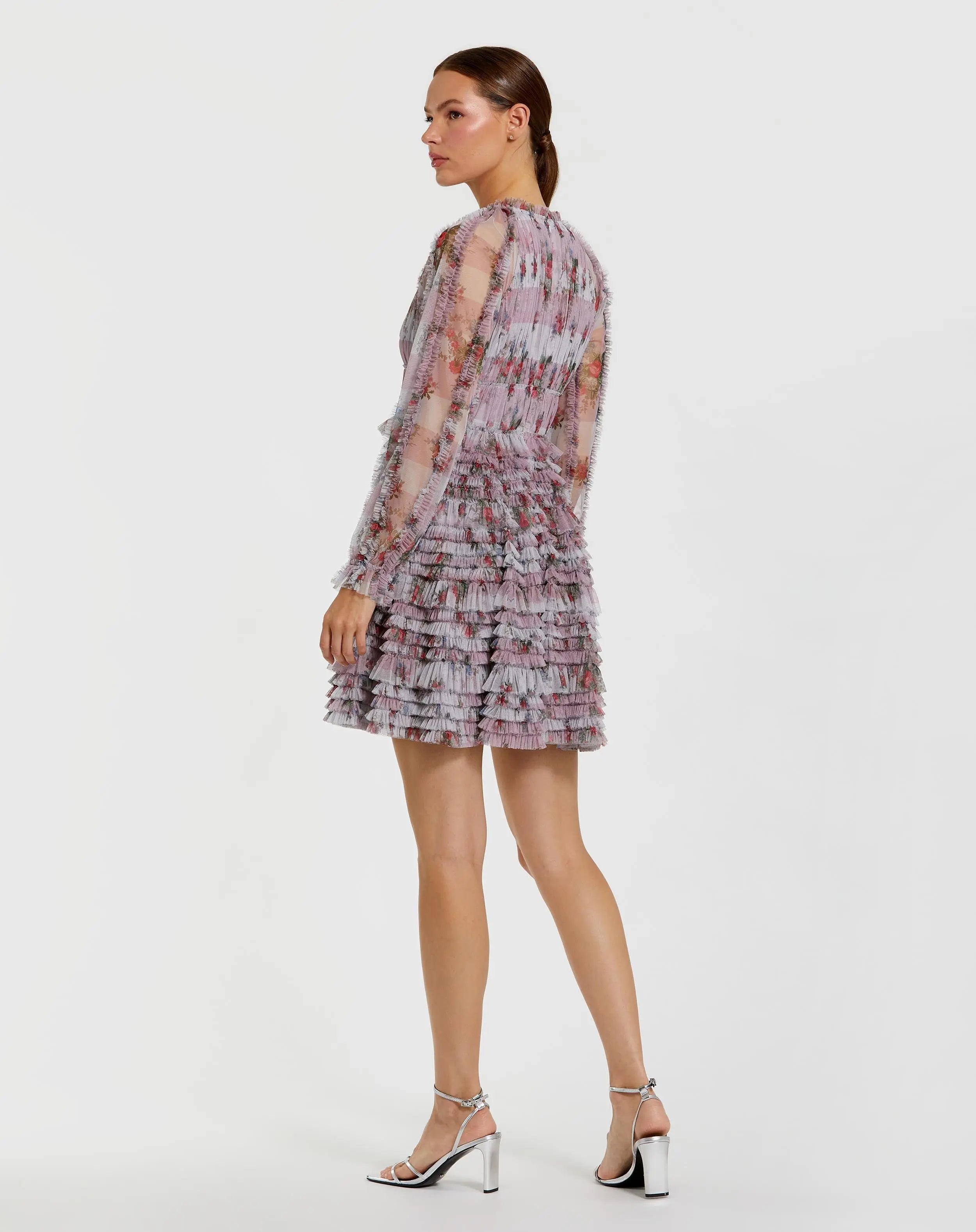 Purple Ruffle Long Sleeve Floral Mini Dress