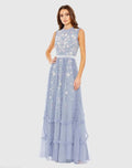 Embroidered High Neck Sleeveless Ruffled Gown