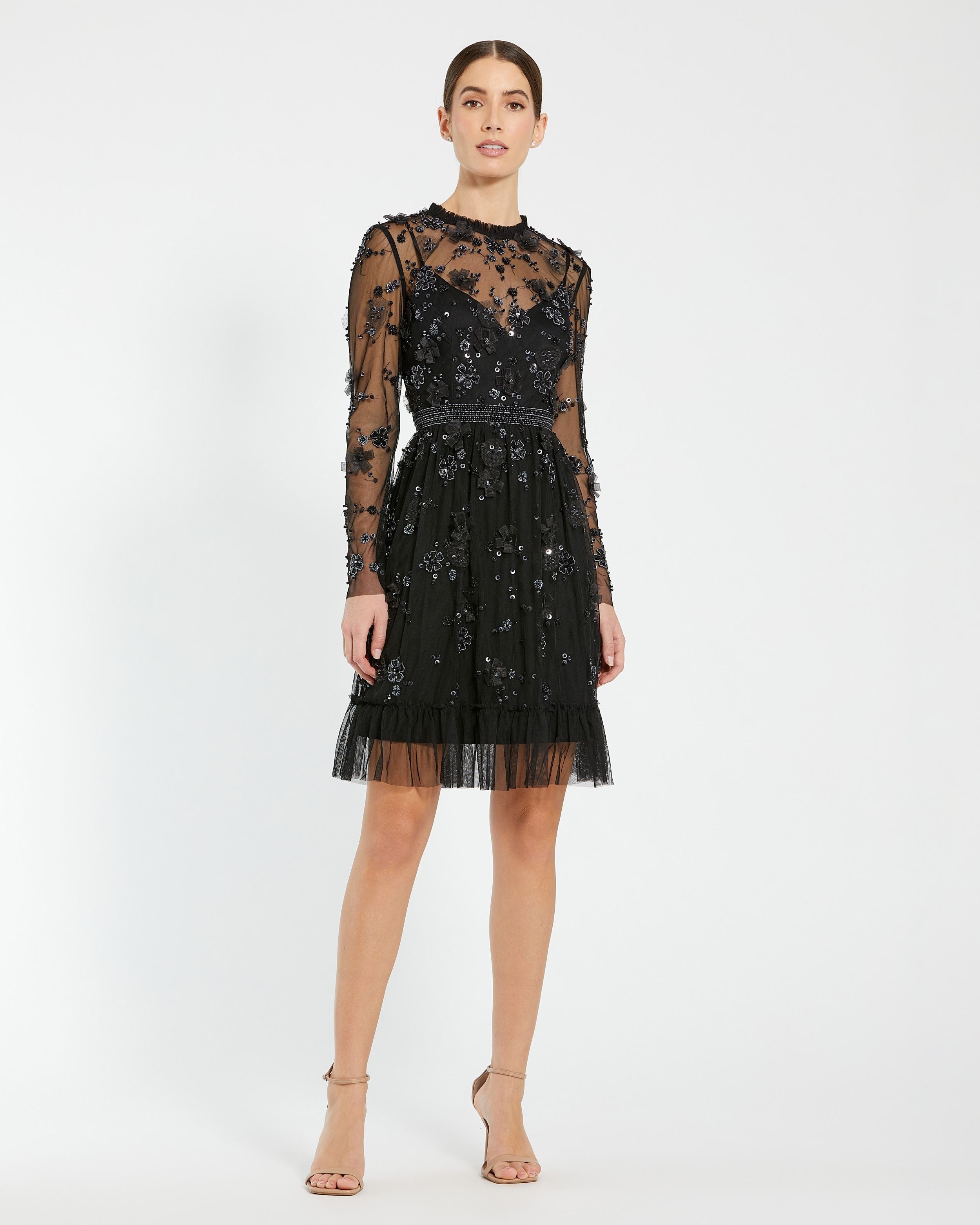 Black Sheer Long Sleeve Embellished Mini Dress