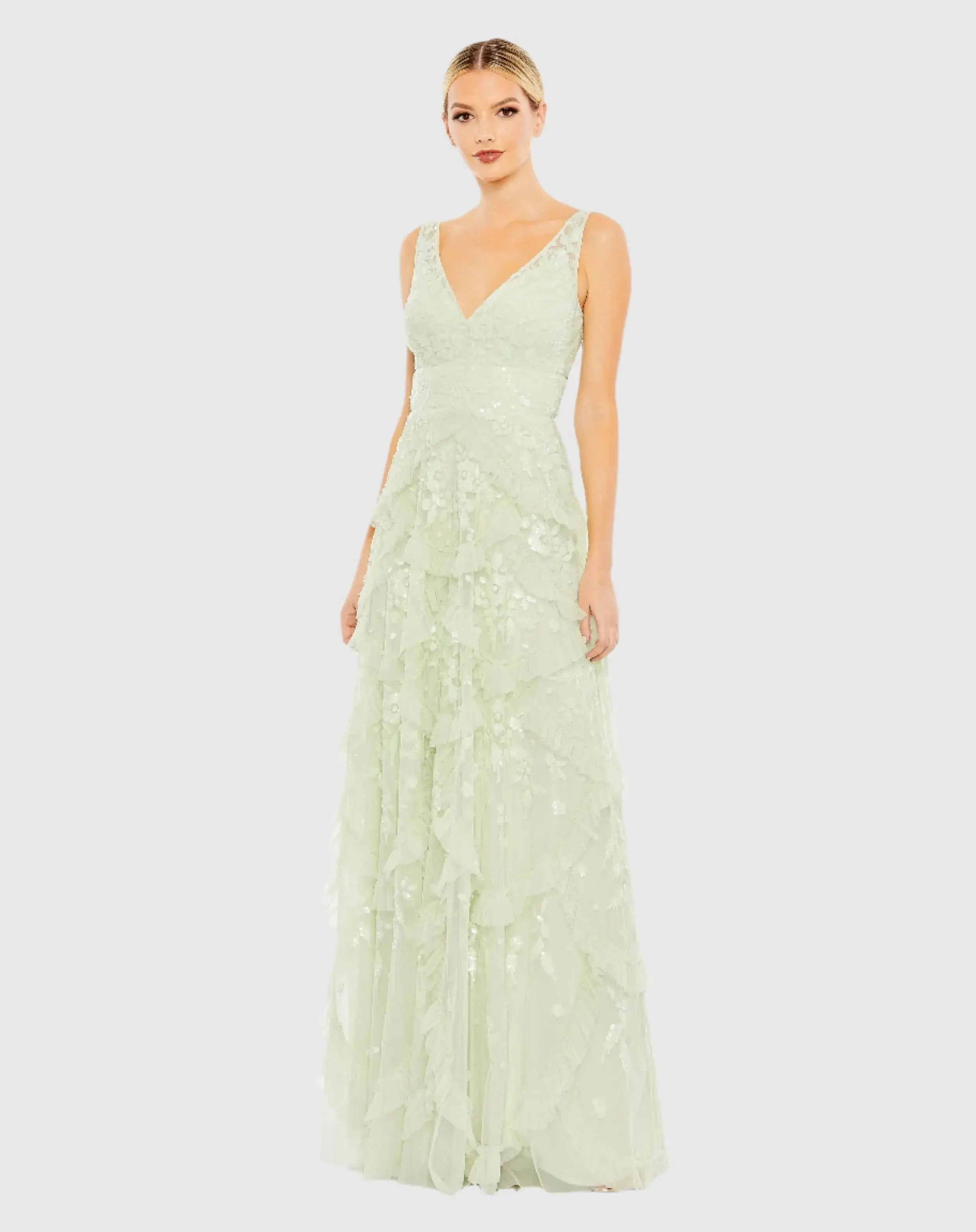 Sequined Scallop Ruffle Tiered V-Neck Gown