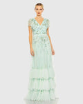 Ruffle Tiered Embellished Faux Wrap Flutter Sleeve Gown