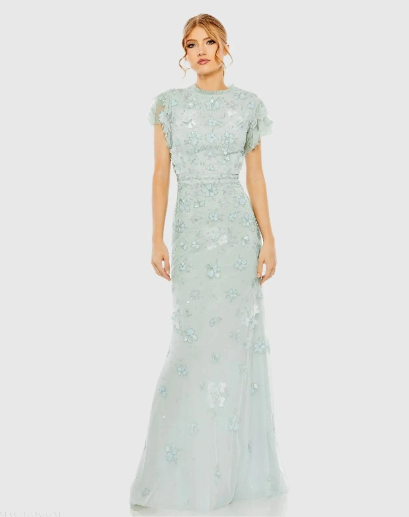 Blue Floral Embellished High Neck Flutter Sleeve Gown