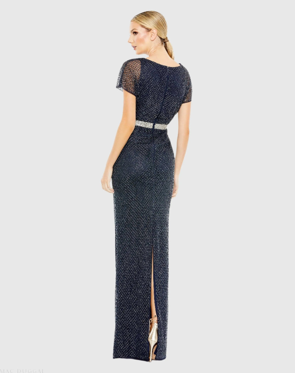 Navy Beaded Short Sleeve Column Gown