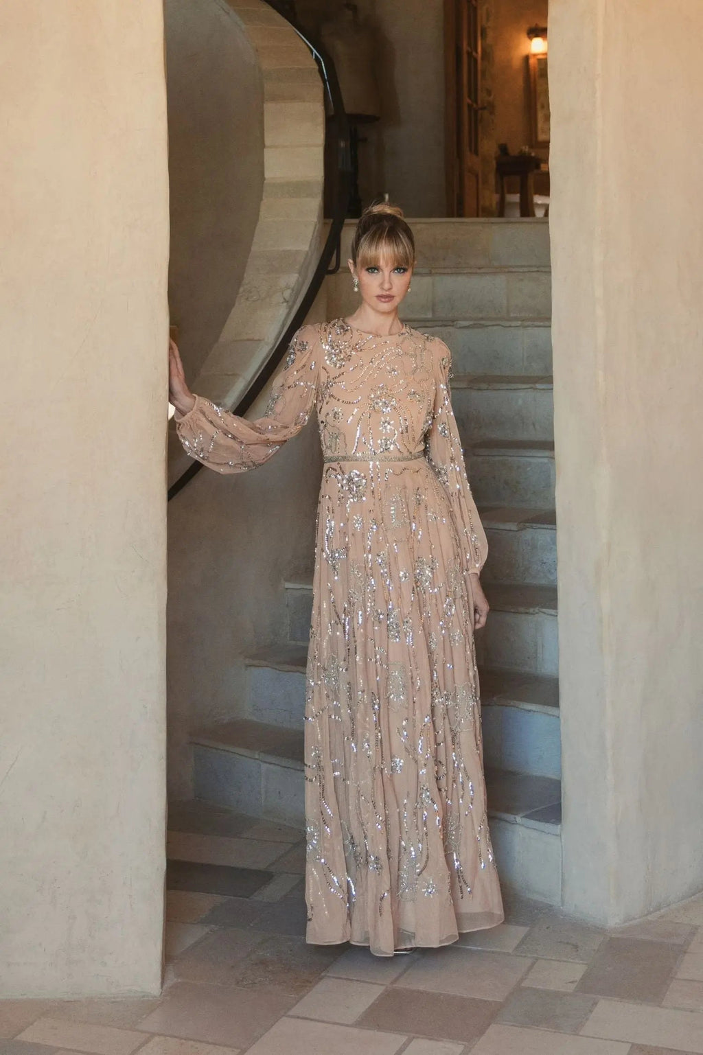 Beige Embellished High Neck Puff Sleeve Gown