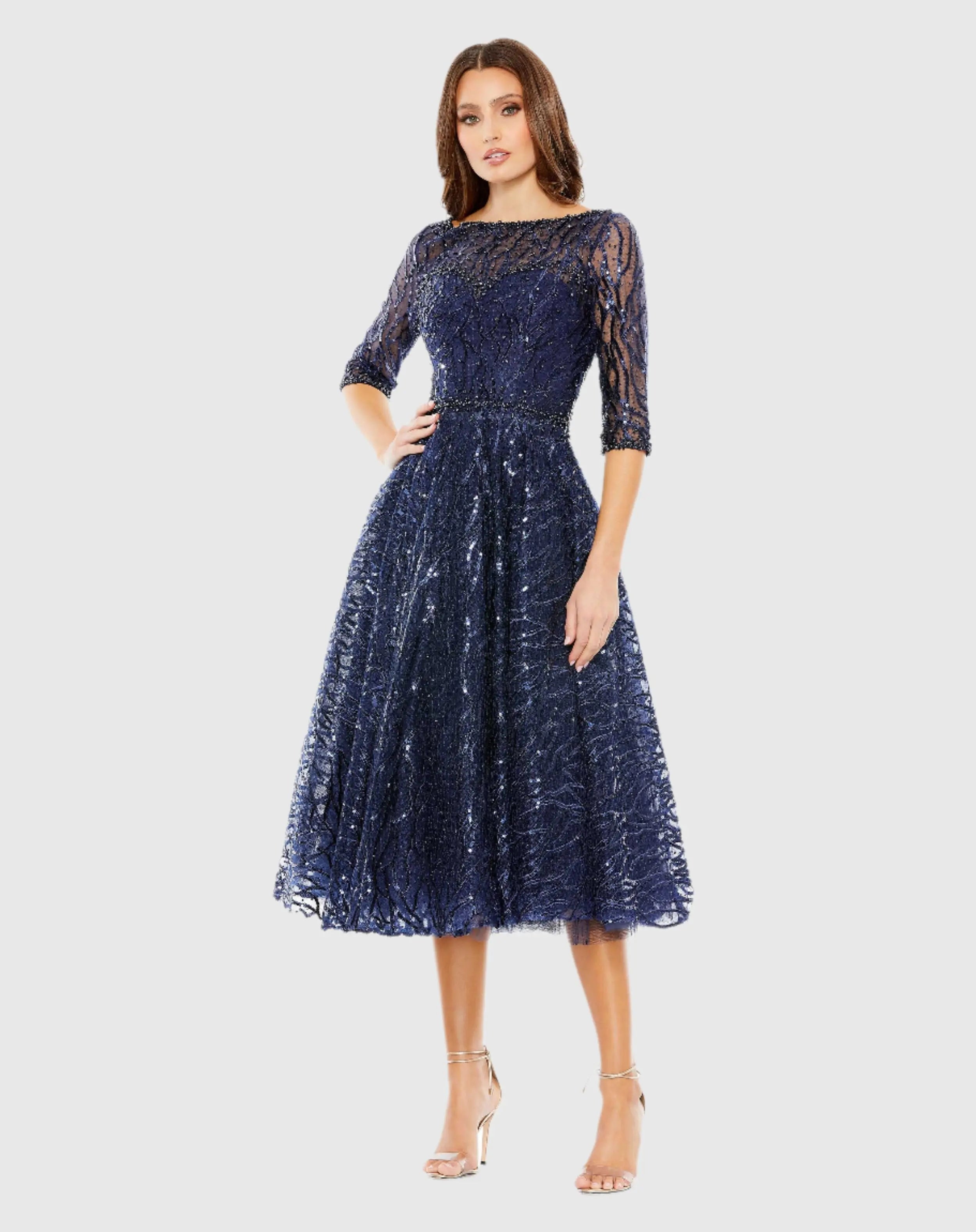 Navy Embellished 3/4 Sleeve A Line Dress