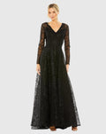Black Crystal Embellished Long Sleeve V Neck Gown