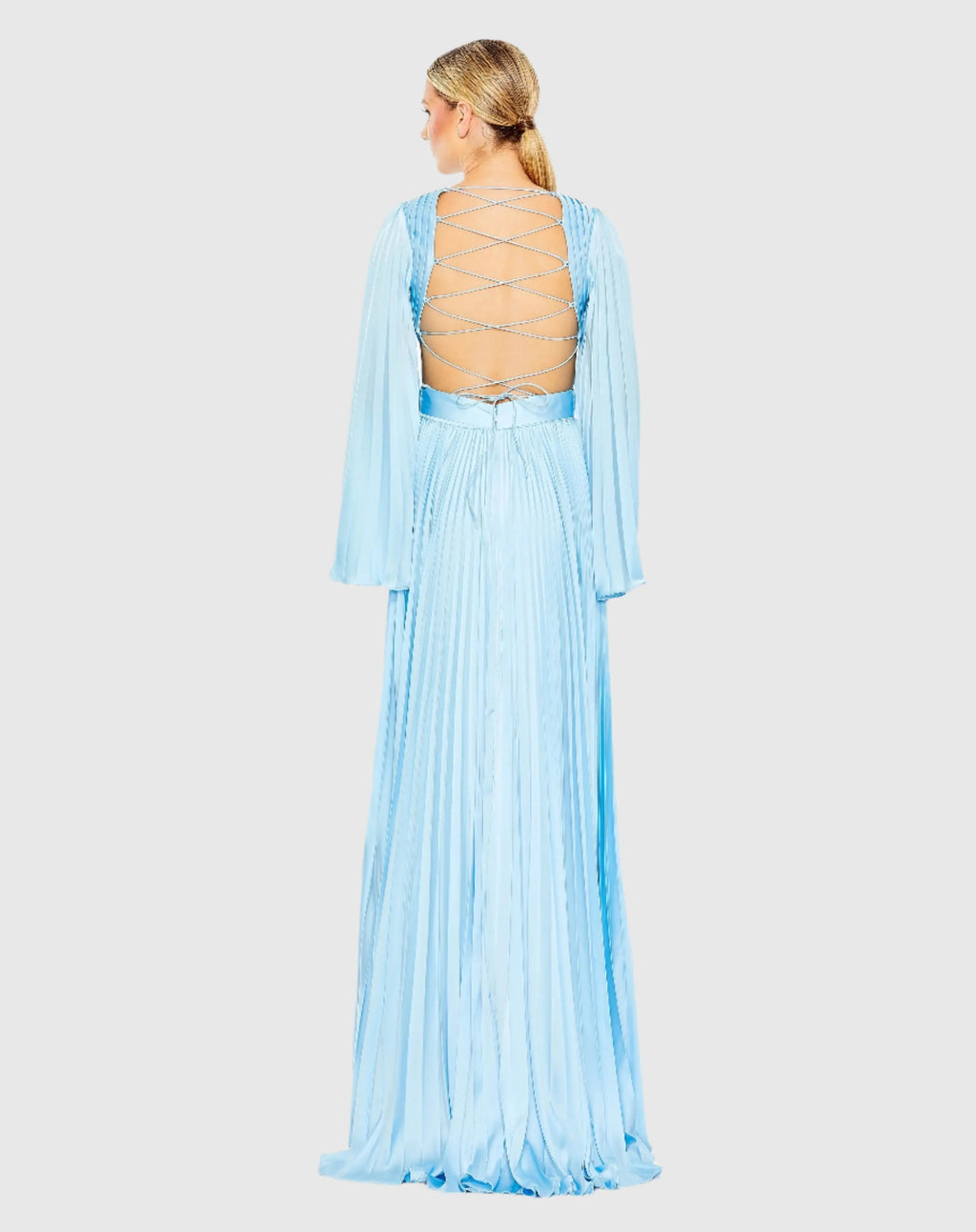 Blue Long Sleeve  Lace up Back Charmeuse Gown - FINAL SALE
