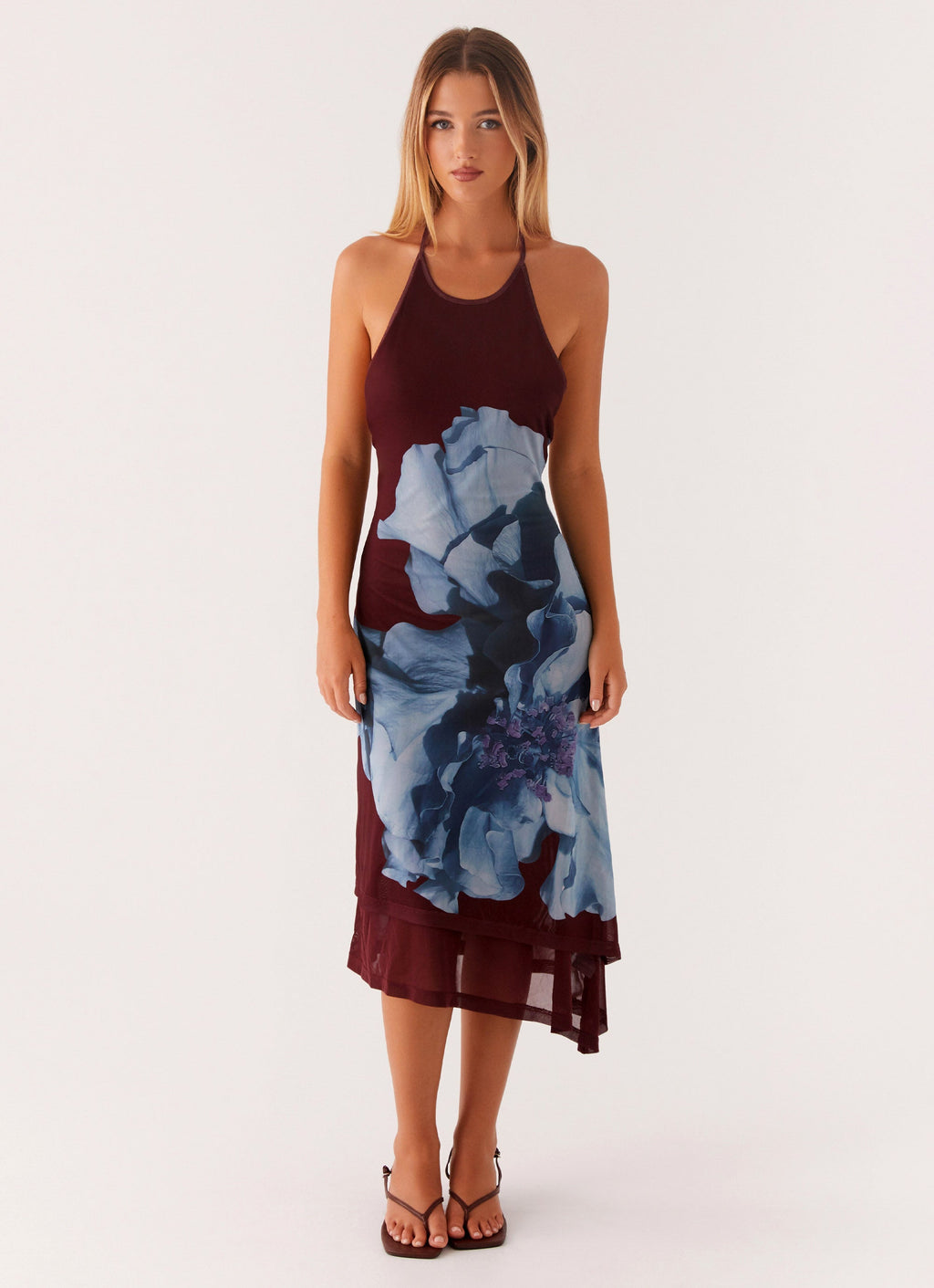 Brinley Halterneck Midi Dress - Maroon Print