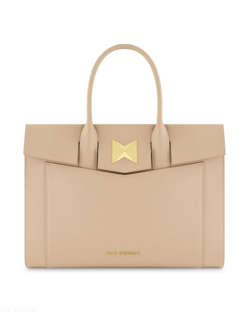 Beige Large Leather Briefcase Bag With Gold Hardware