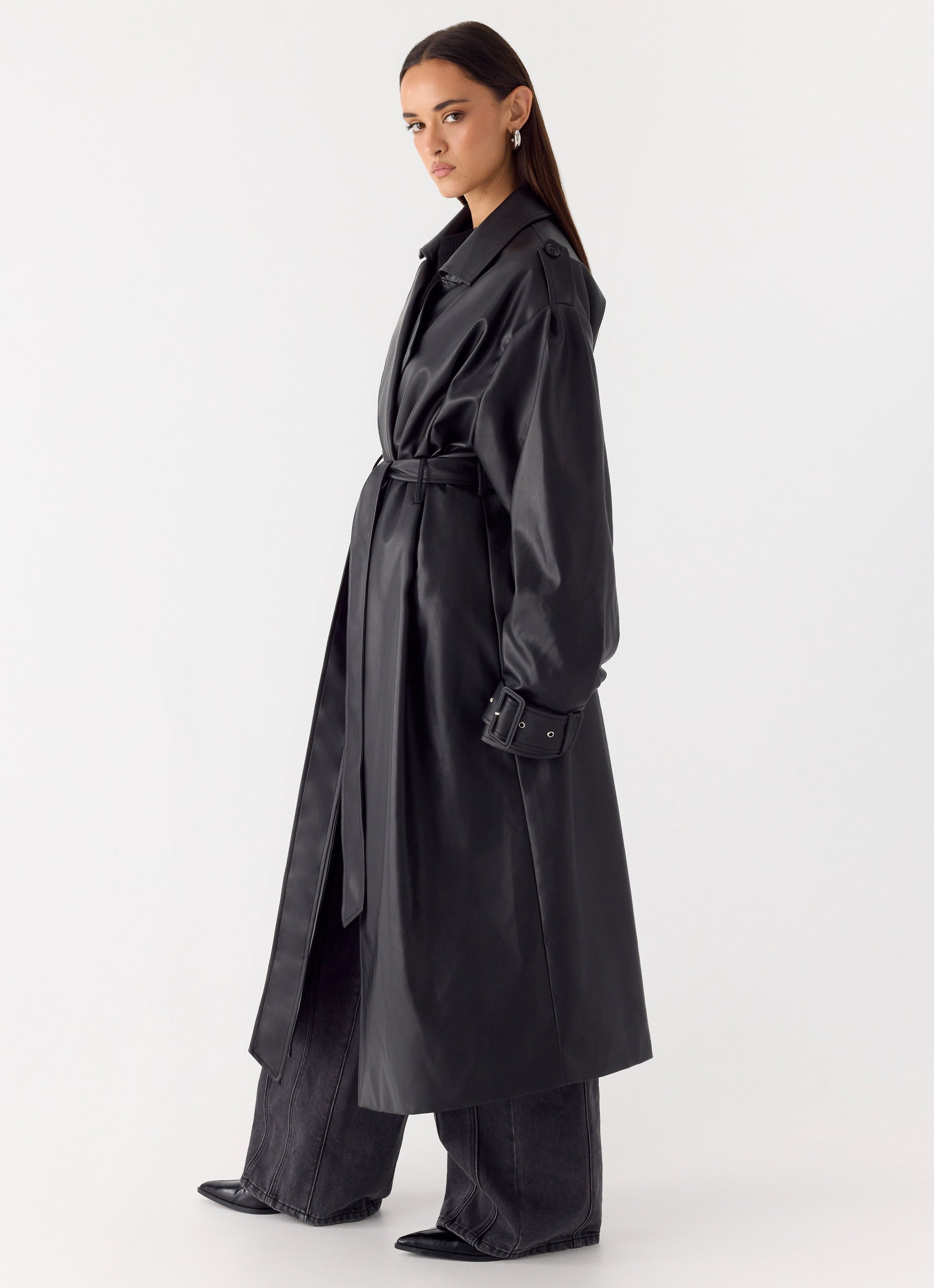 Out On The Town Faux Leather Midi Trench - Black