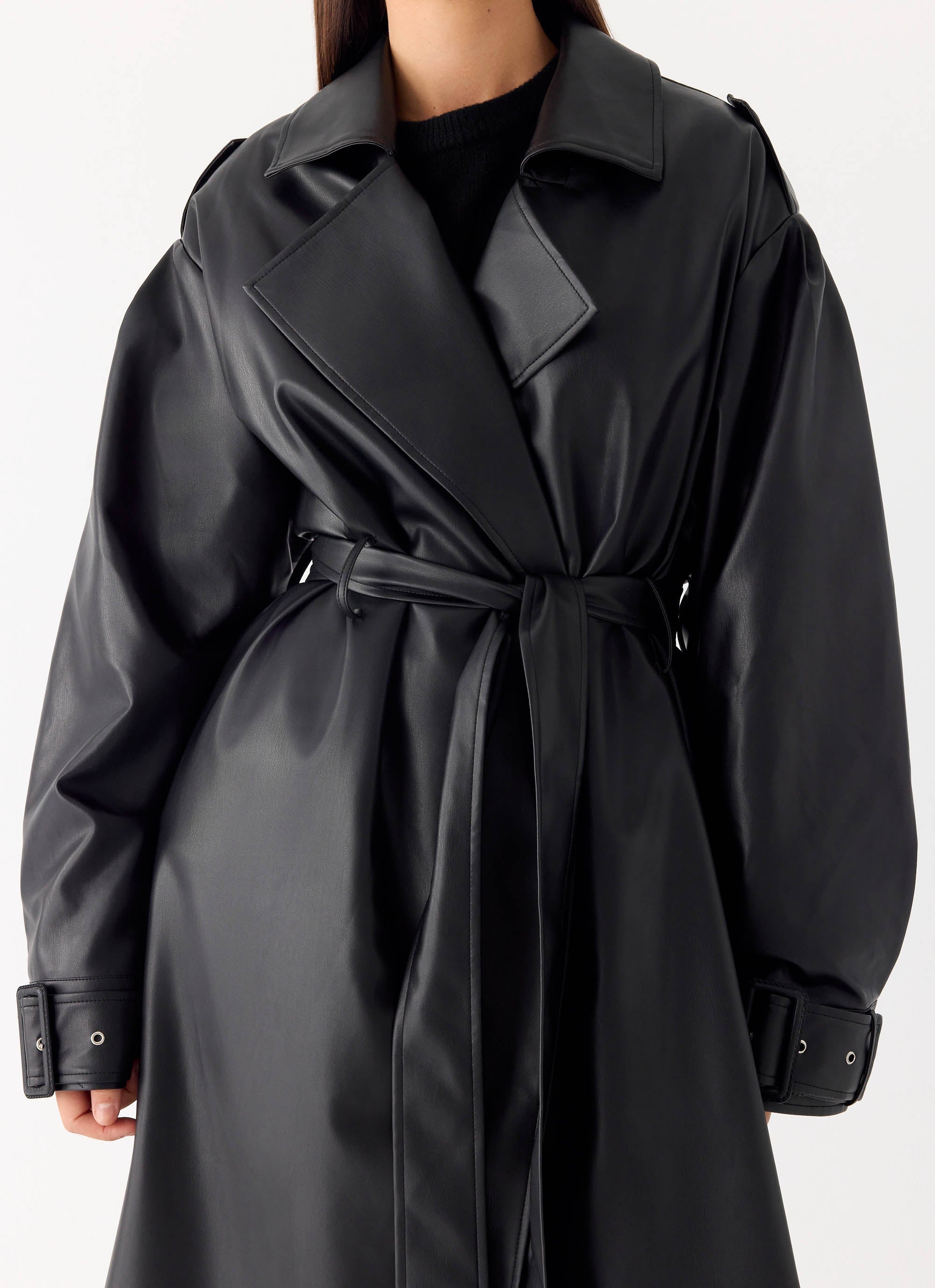 Out On The Town Faux Leather Midi Trench - Black
