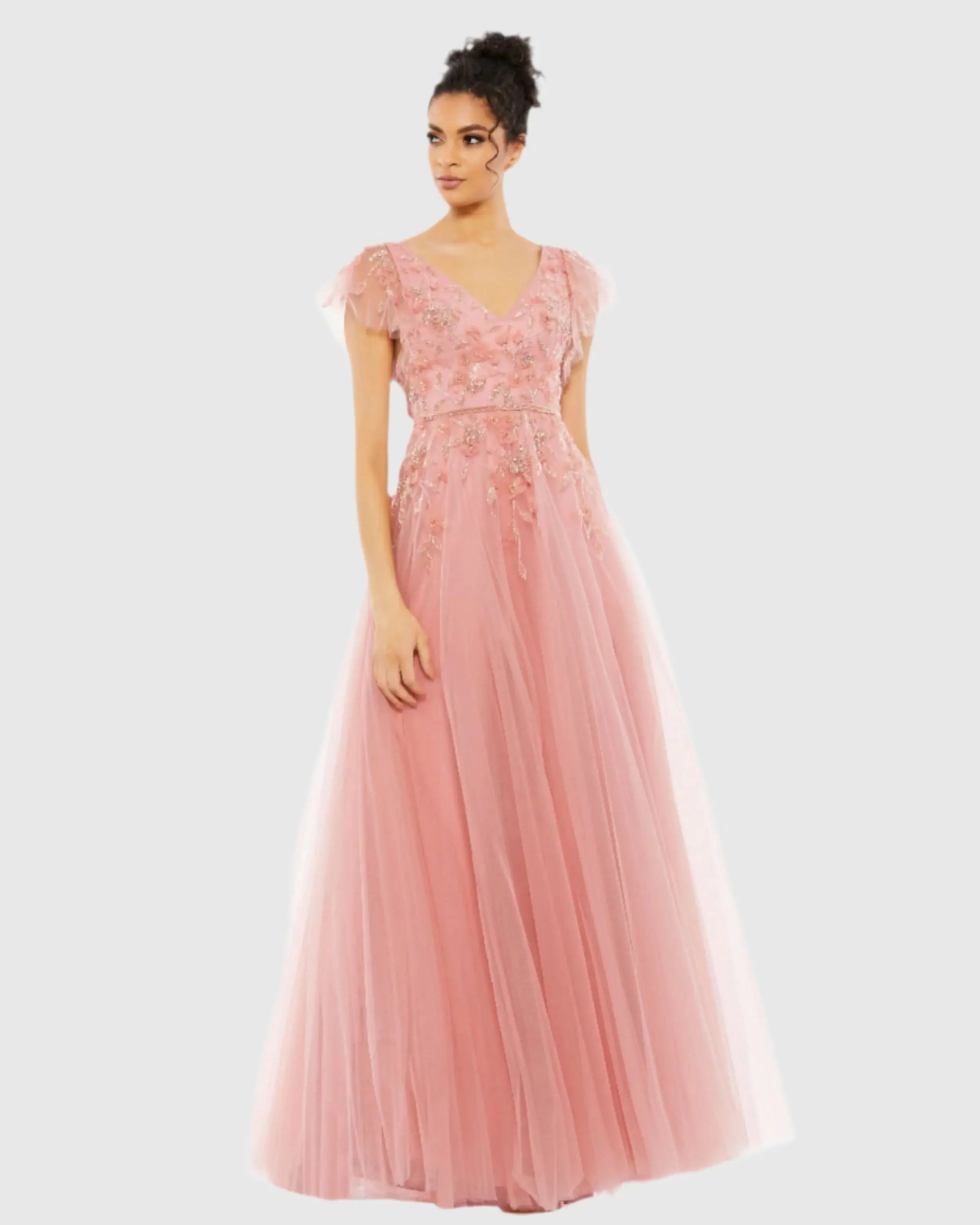 Pink Embellished Cap Sleeve V Neck Gown
