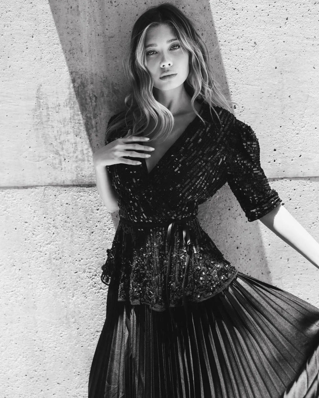 Black Sequined Puff Sleeve Faux Wrap Top - FINAL SALE